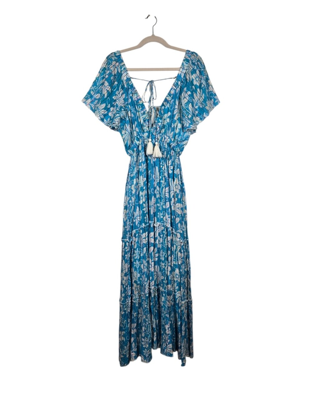 Zury Blue Metallic Stripe Floral Deep V-Neck Boho Tiered Maxi Dress One Size